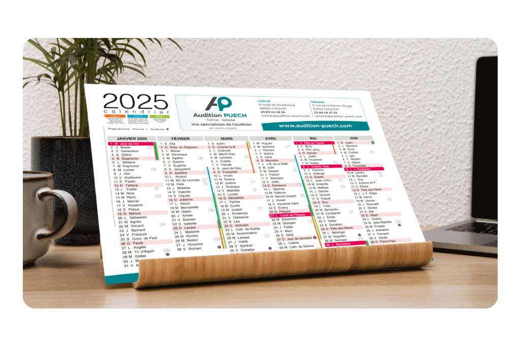 Calendrier A5 personnalisé Audition Puech, conçu pour prolonger la visibilité de la marque au quotidien. Agence Prospectiv Colmar