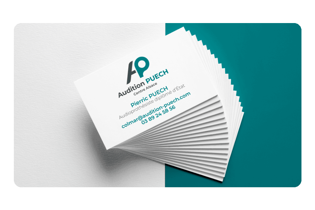 Carte de visite Audition Puech, sobre et lisible, conçue dans le respect de l’identité visuelle du centre