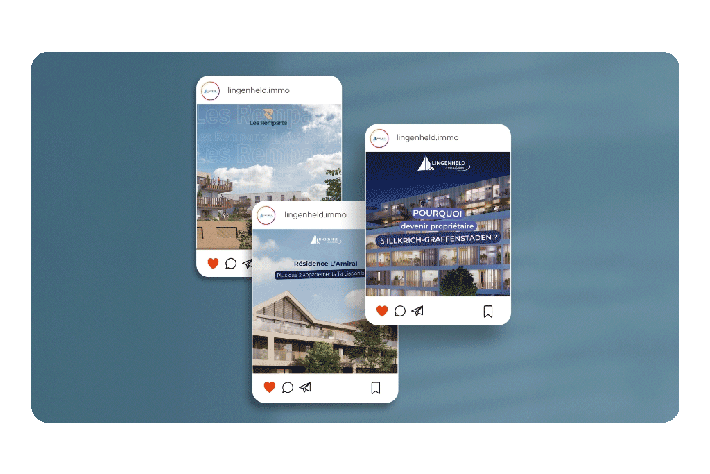 Publications Facebook et Instagram de Lingenheld Immobilier créées par Prospectiv pour valoriser les projets immobiliers en Alsace