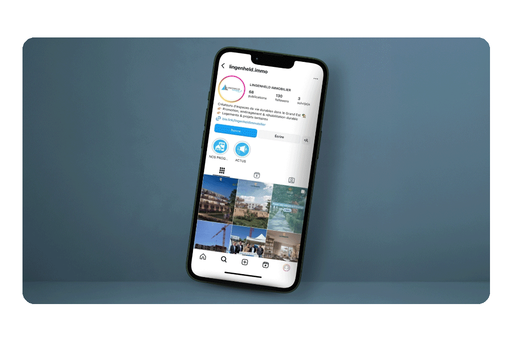 Exemples de posts et visuels du feed Instagram de Lingenheld Immobilier, conçus pour renforcer sa visibilité locale et générer des prospects