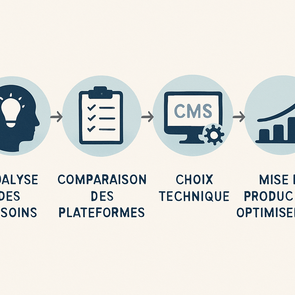 Schéma comparatif des étapes de sélection d'un CMS pour un site web ou e-commerce, incluant analyse des besoins, comparaison des plateformes, choix technique et mise en production optimisée SEO