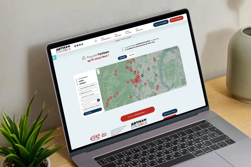 Carte interactive du site Artisan d’Alsace permettant de localiser les artisans en Alsace