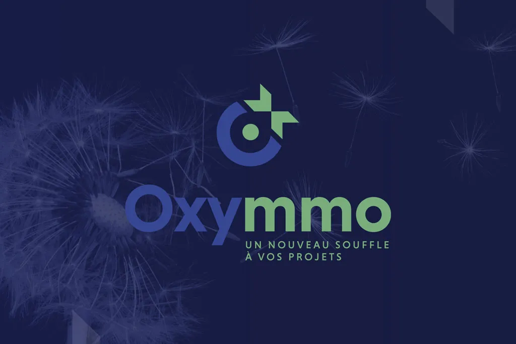 Logotype officiel de l'agence immobilière Oxymmo, signature visuelle de la marque. Réalisation Prospectiv* à Colmar.